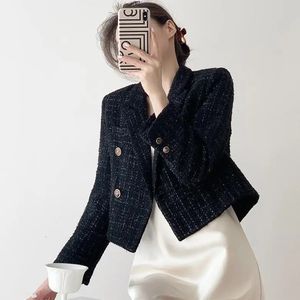 Style coréen Vintage Tweed costume vêtements d'extérieur femmes mode polyvalent élégant noir vestes manteau court printemps automne Blazers dames 240109