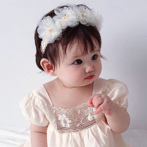 Diadema de flores de gasa blanca de estilo coreano, accesorios para el cabello para niñas pequeñas, diadema de flores para el pelo de princesa, turbante de encaje para recién nacidos
