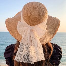 Koreaanse stijl Vrouw Straw Bow Lint Large Brim Sunshade Ins Celebrity Outing Fashion Beach Holiday Glacier Hat