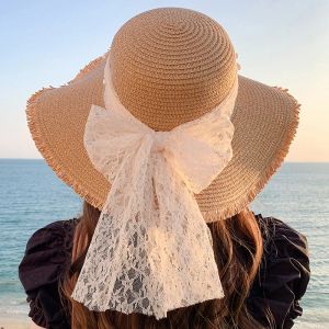 Femme de style coréen Ribbon Bow Bow Grand Brim Sunshade Ins Célébrité Outting Fashion Beach Holiday Glacier Hat