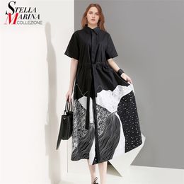 Abito da camicia lungo stampato nero estivo donna stile coreano Sash Plus Size Ladies Casual Vintage Robe Femme 5128 210623