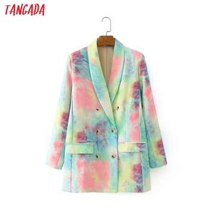 Koreaanse stijl vrouwen kleurrijke stropdas dye blazer jas vintage dubbele breasted lange mouw vrouwelijke bovenkleding chic tops da129 210416