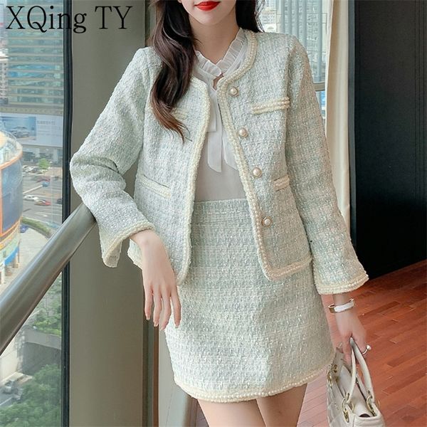 Style coréen femmes tenues mode perlée tweed laine simple boutonnage veste manteau jupe costumes automne vert clair 2 pièces ensemble 220719
