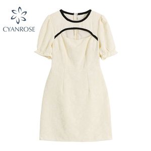 Koreaanse stijl vrouwen zomerjurk vintage chic uitgehold mini vestidos dames streetwear trendy bladerdeeg korte mouw kleding 210515
