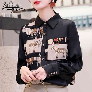 Koreaanse stijl vrouwen vintage lange mouw print shirt mode turn-down kraag kantoor dame blouse zwarte tops 8166 50 210521