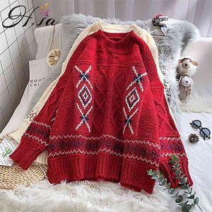 Koreaanse stijl vrouwen vintage trui en vesten lange pull jumpers dikke kasjmier sneeuwvlok kerst truien pullover top 210430