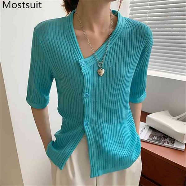 Coréen élégant simple boutonnage Cardigan pull femmes été à manches courtes col en v asymétrique tricots hauts pulls Femme 210513