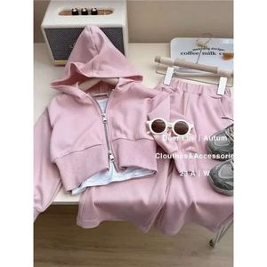 Koreaans pak roze hoodies Kinder kleding meisjesjas+Suspender+rechte been broeksets voor kinderen 3 -delige set L2405