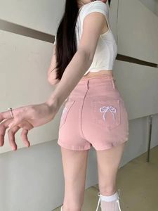 Korean Summer Bow Borduursel Technologie Hoge taille Denim Shorts Vrouwen Kawaii Sweet Style Hip Elastic Slim Pants Denim Shorts 240517