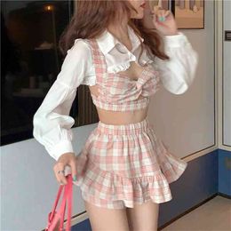 Koreaanse zomer mode drie-delige set vrouwen sexy korte ruches shirt + geruite boog sling vest hoge taille mini rok outfit 210519