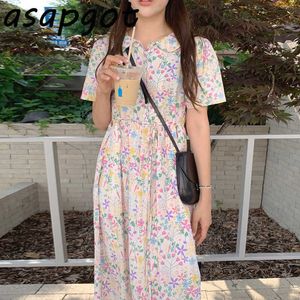 Coréen Summer Fresh Sweet Girls Manches courtes Peter Pan Collier Floral Robe Femmes Lace Up Taille Lâche Prairie Chic Robes Maxi 210610