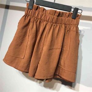 Pantalones cortos de seda de hielo de cintura alta de verano coreano para mujer con bolsillo estilo pijo piernas anchas sueltas bolsa de papel blanca 210714