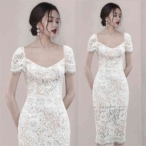 Koreaanse zomer stijl dame temperament wit v-hals kant slim fit dunne sexy bubble mouw kantoorfeest voor vrouwen jurken 210602