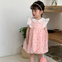 Korean Summer Toddler Girls Dress Turn Down Collar Fly Sleeve Babys Girl Cotton Full -geprinte donzige zoom baby 240322