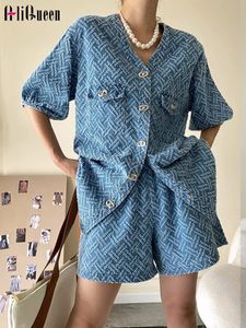 Coréen Summer Femmes Blue Jacquard Short Shirts en denim à manches courtes Biscuettes Elastic Sets 2 pièces Femmes Femmes 240412