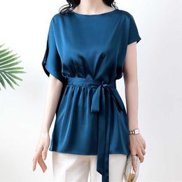 Koreaanse zomer vrouwen shirt zijden blouse voor vrouwen korte mouw band vrouwelijke top blauwe O-hals asymmetrische 210604