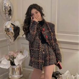 Koreaanse Zoete Meisje Pak Womens Herfst Kraag Tweed Jas Aline Mini Rok Tweedelige Set Mode Vrouwelijke Kleding 240109