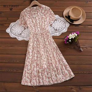 Koreaanse zoete zomer vrouwen jurk prairie chique bloemen gedrukt prachtige chiffon korte mouw elegante geplooide vrouwelijke vestidos 210520