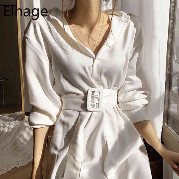 Tempérament coréen Turn Down Collier à manches longues Femmes Robe Slim Solid Office Lady Robes blanches Robe Femme Black Robes 5B024 210429