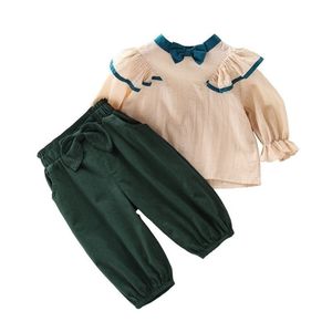 Koreaanse peuter meisjes katoen linnen 2 stks kleding set ruches kinderen lange mouw casual outfit voor kinderen 210529