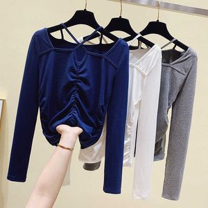 Coréen Tops Femmes Vêtements Printemps Solide Évider Plis T-shirt Sexy À Manches Longues T-shirt Femmes Blanc Bleu T-shirt Femme 210604