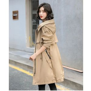 Gabardina coreana para mujer primavera otoño abrigo medio a largo abrigo informal con capucha cordón cintura cortavientos mujer 240309