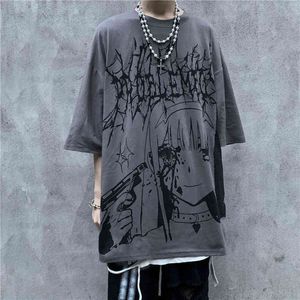 Tendance coréenne T-shirt sombre hip-hop graffiti anime imprimé été surdimensionné grande taille chemise à manches courtes pour hommes femmes tees unisexes G1222