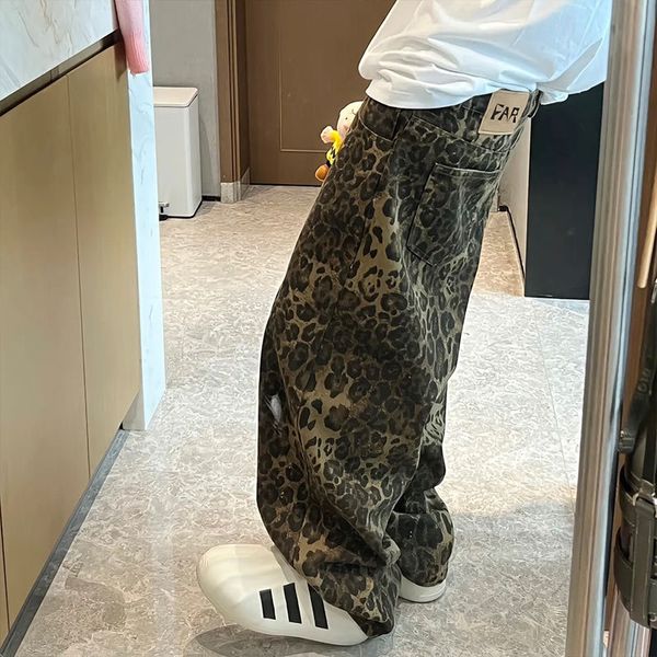 Pantalones vaqueros de leopardo para hombre de diseñador de tendencia coreana, pantalones de pierna ancha holgados de estilo perezoso, Pantalones rectos para parejas, pantalones con estampado de leopardo para mujer