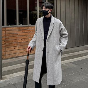 Korean Trend Men's Trench Couples Loose Casual Overnem Automne Hiver Fashion Single Breasted Woolen Long Coat 231221
