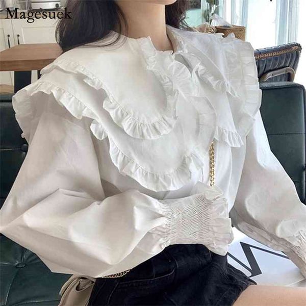 Coréen Turn Down Col Ruffled Femme Blouses À Manches Longues Oversize Chemises Blanches Femmes Casual Mode Plus Taille Tops Blusas 14398 210512