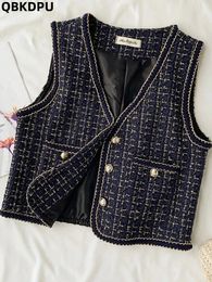 Korean tweed Vest bijgesneden jassen vrouwen groot formaat mouwloze Jaquetas elegante Gilet Coats Casual Weste Ceketler plaid vesten Top 240430