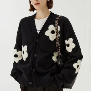 Coréen V-cou Paresseux Broderie Tridimensionnelle Fowers Automne Et Hiver Nouveau Cardigan En Tricot Lâche Chandail Femmes Manteau