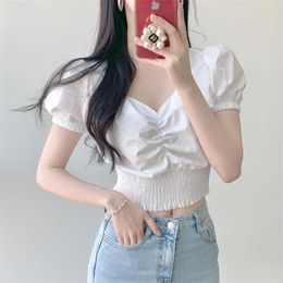 Koreaanse v-hals korte mouw shirt vrouw mode elastische taille slim fit blouse dames nordic korset wit zwart oogst top vrouwen 210514