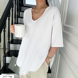 Coréen V-Col Blanc Coton T-shirt Top Femmes Été Demi-manche Lâche Tshirt Arc Ligne Solide Tee-shirt Femme 13683 210512