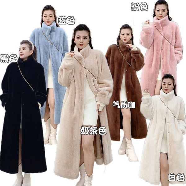 Haining largo de terciopelo coreano para mujer, abrigo de piel gruesa de felpa de moda entallado con cuello levantado, novedad de invierno 2023 256707