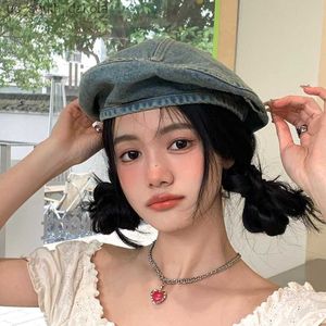 Koreanische Version Mode Gewaschen Alte Denim Baskenmütze Britischen Retro Großen Kopf Achteckige Maler Kappe Mode Vielseitig Damen Berets L230523