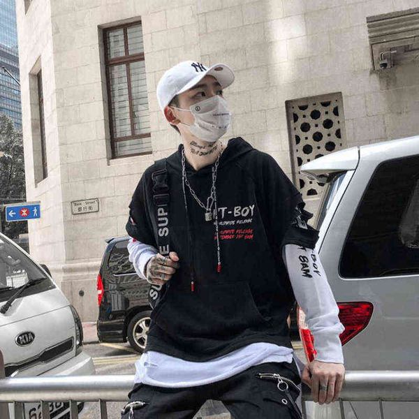 Version coréenne lettre imprimée trou à capuche Hip Hop été t-shirt garçon cinq Points tendance ample à capuche beau à manches courtes G1229