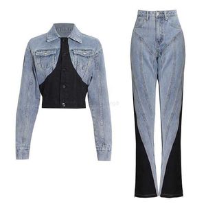 Koreaanse versie niche-stijl designer tweedelige set 2024 nieuwe zwart-wit gesplitste korte denim shirt + hoog getailleerde broek met rechte pijpen