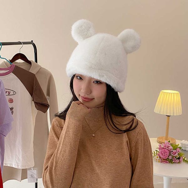 Versión coreana de otoño e invierno, gorro de oso de peluche con orejas de felpa y cabeza grande, aislamiento de piel sintética, protección pequeña para cara reveladora