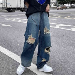 Koreaanse versie van ins hiphop High Street Hipsters Distressed Old Ripped Straight Jeans Mannen Casual Wild Losse Wide-Leg Broek G0104