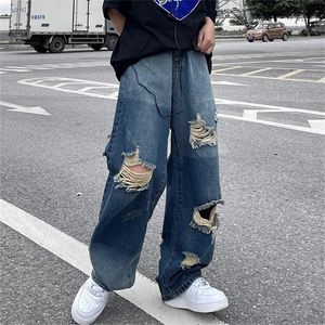 Koreaanse versie van Ins Hip-Hop High Street Hipsters Distressed Old gescheurde rechte jeans mannen Casual Wild Loose Wide-benen broek 220606