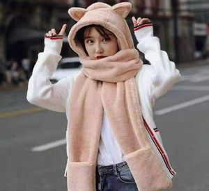 Koreaanse versie van de beer oorbescherming hoed vrouwelijke schattige muts sjaal uit één stuk vrouwelijke handschoenen driedelige dikke warme dubbellaags co5363725