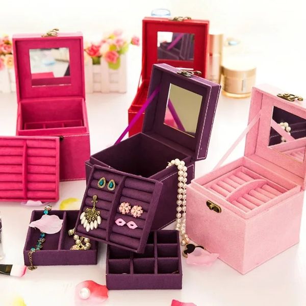 Version coréenne Rabbit Velvet Girl Style Boîte à bijoux à trois couches, boîte à bijoux, boîte de rangement, quatre couleurs disponibles