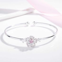 Koreaanse versie Verzilverd Mori Art Cherry Armband, zoete ingelegd diamantpoeder Crystal eenvoudige ring over het openen van sieraden. Q0717