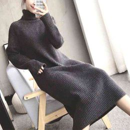 Koreaanse versie zoete winter vrouwen gebreide trui jurk kantoor casual mode pit patroon coltrui wrap effen kleur jurken G1214