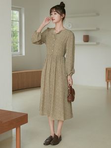 Koreaanse vintage chiffon jurk lange mouw vrouwen bloemenprint elastische taille vrouwelijke vestidos femme 330c 210420