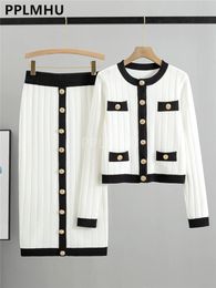 Koreaanse vintage gebreide rokken set slanke oneck korte trui vest 2 -stukjes pakken chic knop malhas faldas conjunto 240401