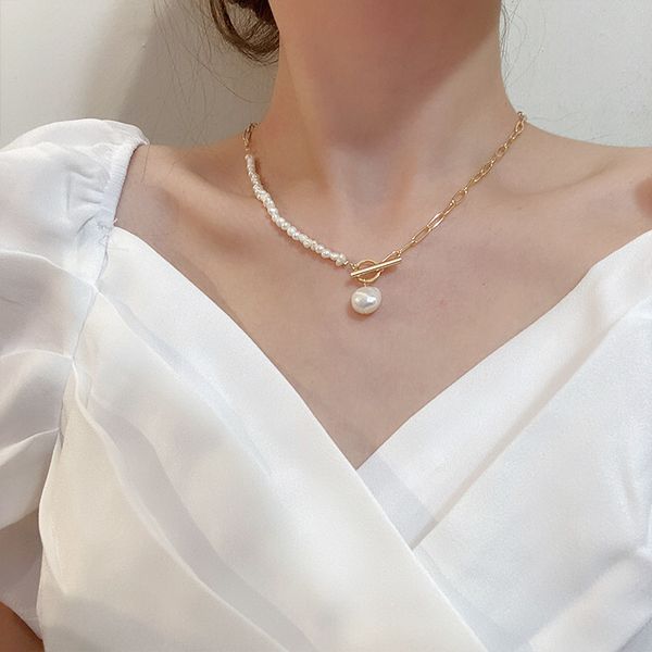 Collares coreanos Vintage de perlas naturales de agua dulce para mujer, cadena de eslabones de Color dorado, gargantilla circular con cierre de palanca asimétrico
