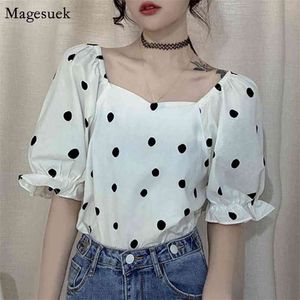 Camisa blanca de lunares Vintage coreana para mujer, blusas elegantes de manga corta con cuello cuadrado, Tops holgados de talla grande de verano 14552 210512