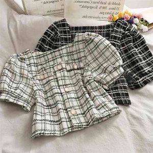 Koreaanse vintage tweed jas jas vrouwen zomer single breasted plaid crop top vrouwelijke vierkante kraag slanke wollen jassen uitloper 210514
